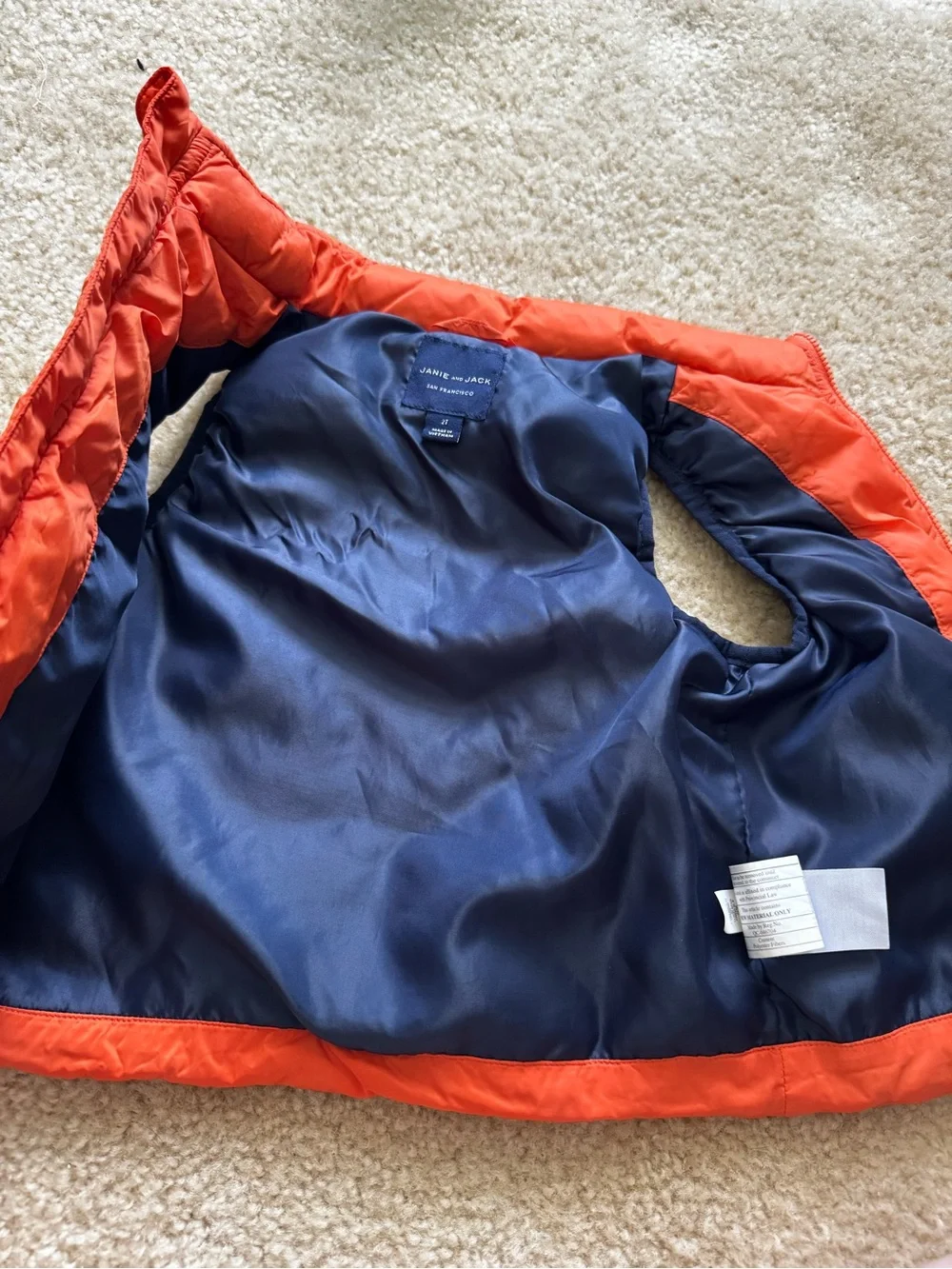 Janie and Jack Orange and Navy Colorblock Puffer Vest